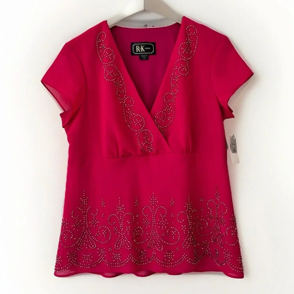 R&K Evening Size 14 Top Blouse Magenta V Neck Cap Sleeves Adorned With Beads - Picture 1 of 7